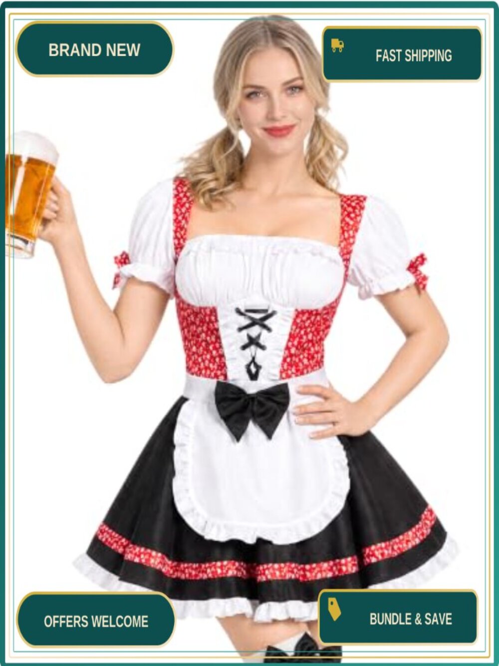 Oktoberfest Dirndl Dress Costume Set Thigh High Stockings Beer Girl